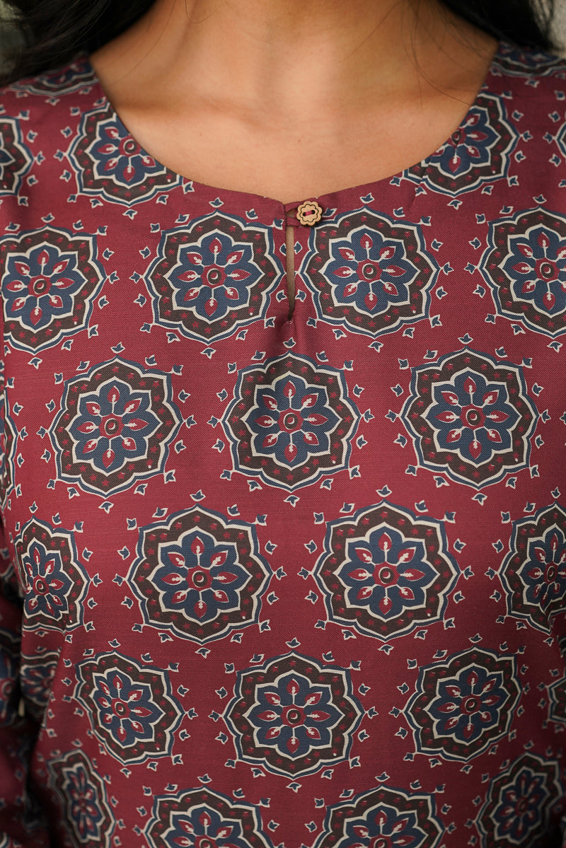 Maroon Rayon Blend Ajrakh Printed Straight Kurta Trousers With Dupatta VKSKD2409