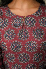 Maroon Cotton Blend Ajrakh Printed Straight Kurta Trousers With Dupatta VKSKD2409