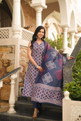 Blue Rayon Geometric Printed Straight Kurta Trousers With Dupatta VKSKD2410