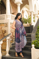 Blue Rayon Geometric Printed Straight Kurta Trousers With Dupatta VKSKD2410