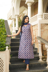 Blue Rayon Geometric Printed Straight Kurta Trousers With Dupatta VKSKD2410