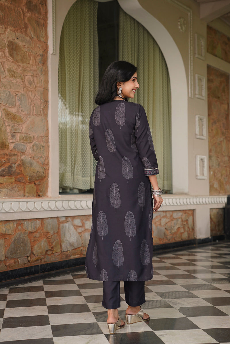 Black Rayon Blend Floral Printed Straight Kurta Trousers With Dupatta VKSKD2411