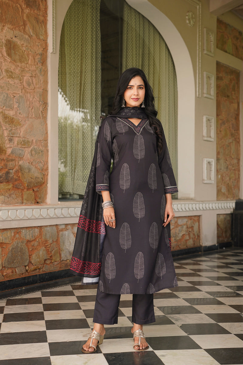 Black Rayon Blend Floral Printed Straight Kurta Trousers With Dupatta VKSKD2411