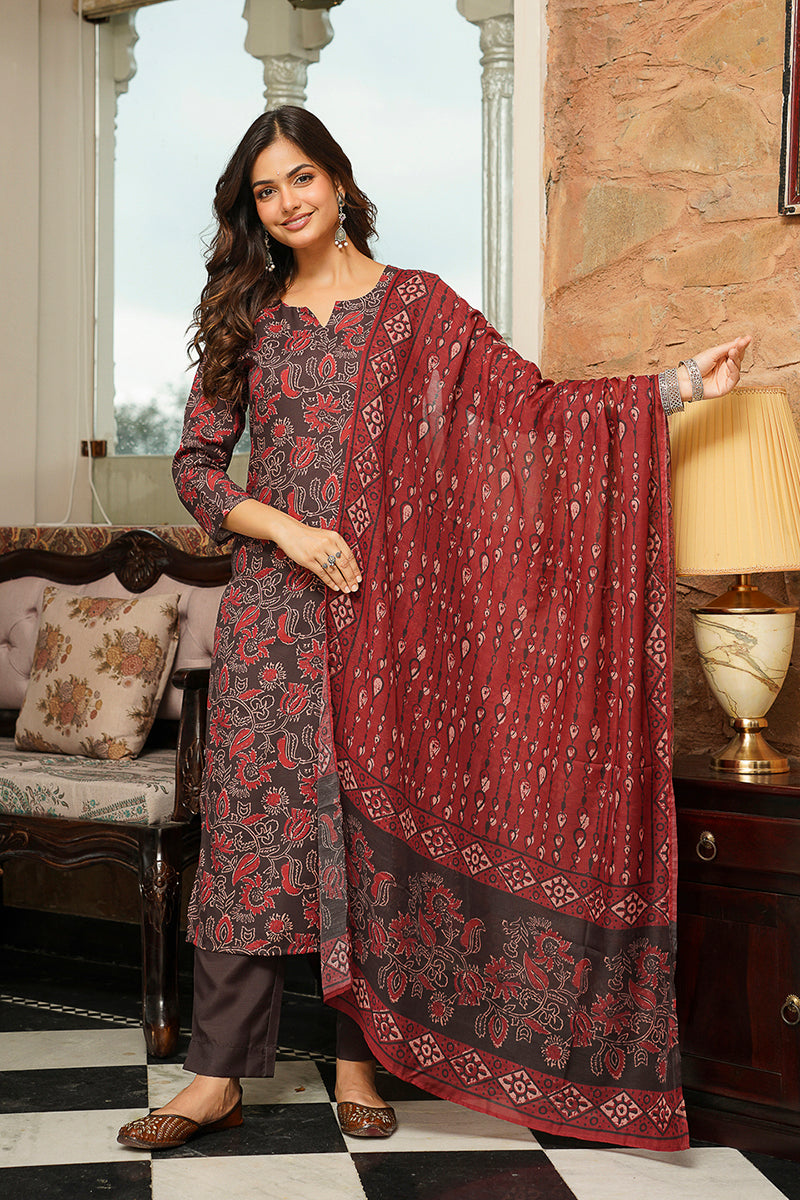 Brown Rayon Blend Floral Printed Straight Kurta Trousers With Dupatta VKSKD2413