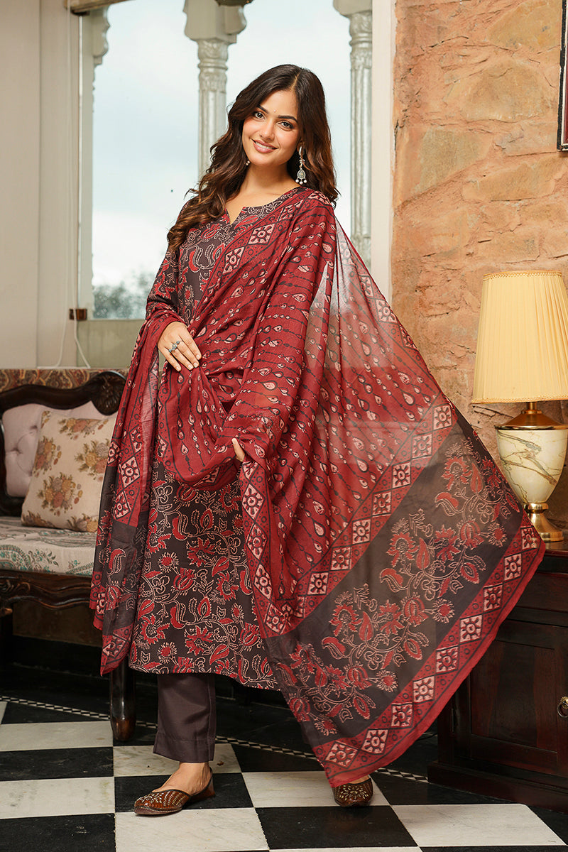 Brown Rayon Blend Floral Printed Straight Kurta Trousers With Dupatta VKSKD2413