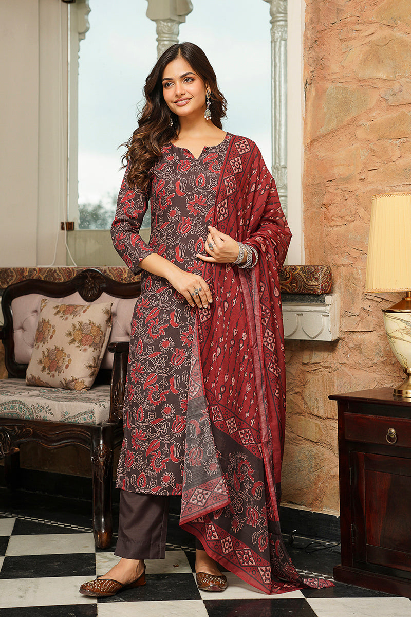 Brown Rayon Blend Floral Printed Straight Kurta Trousers With Dupatta VKSKD2413