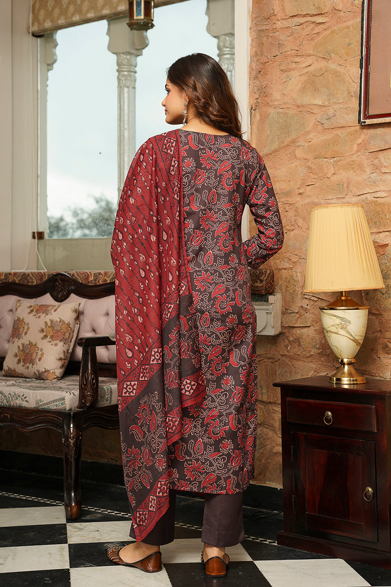 Brown Rayon Blend Floral Printed Straight Kurta Trousers With Dupatta VKSKD2413