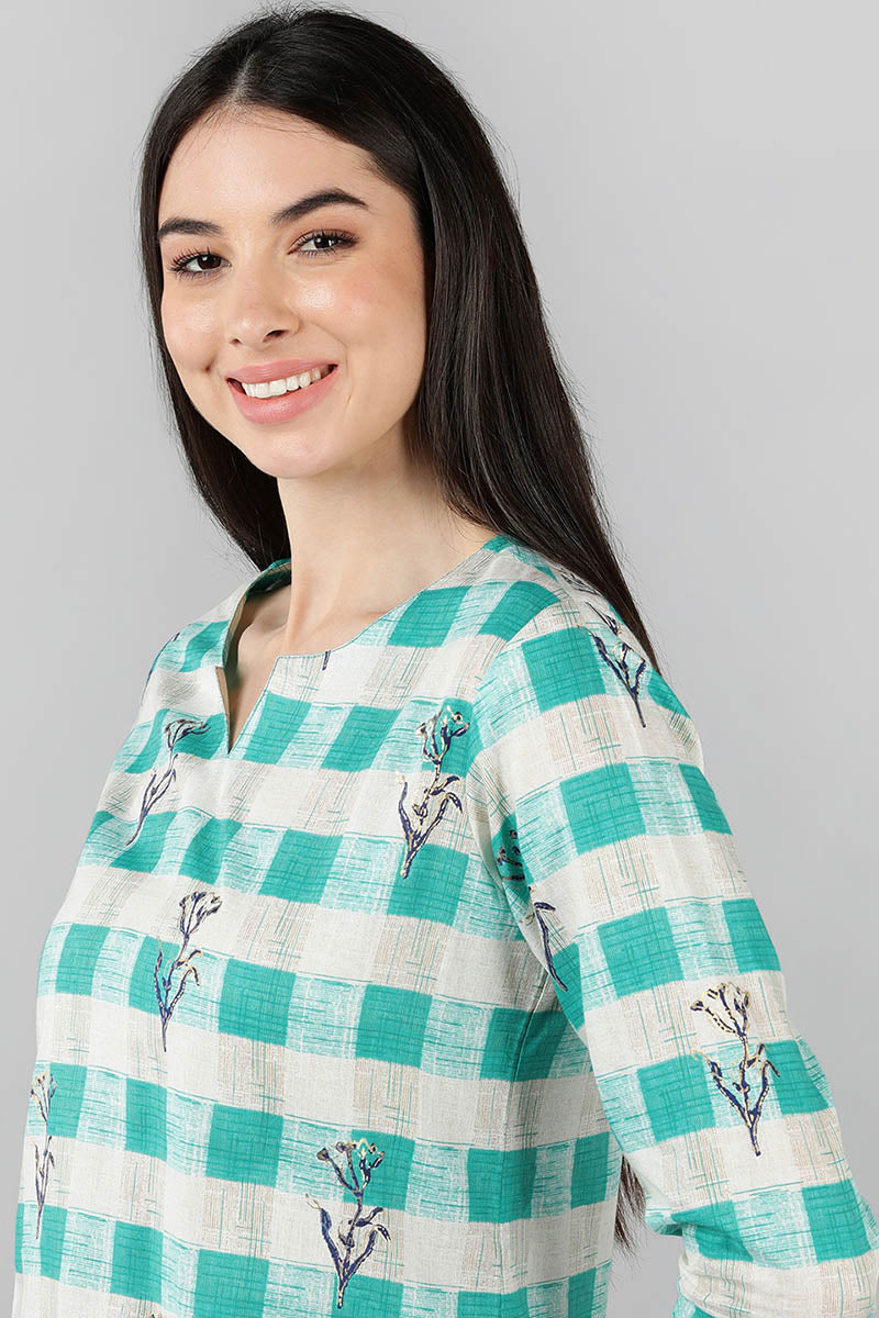 Sea Green Cotton Checked Night Suit VNWK1048 | DesiQlo