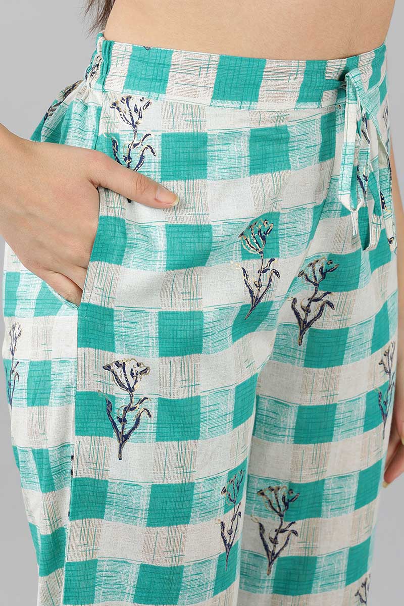 Sea Green Cotton Checked Night Suit VNWK1048 | DesiQlo