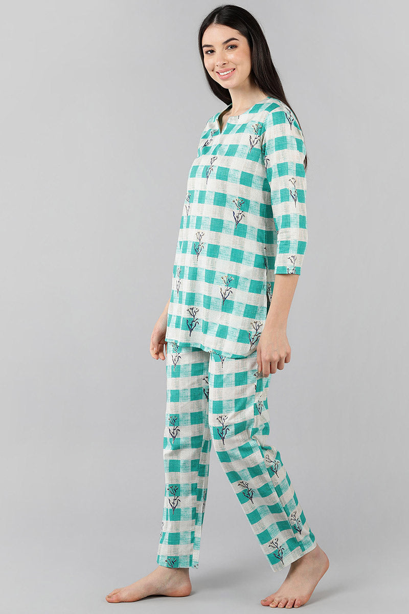 Sea Green Cotton Checked Night Suit VNWK1048 | DesiQlo