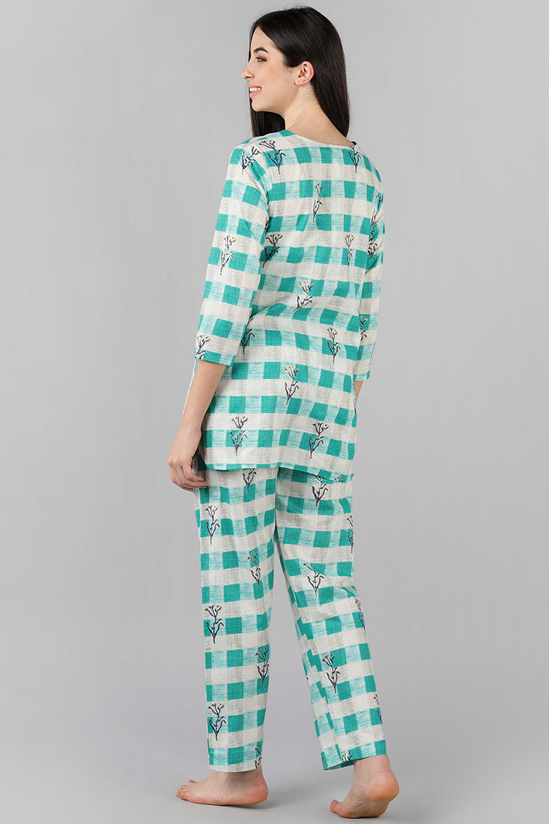 Sea Green Cotton Checked Night Suit VNWK1048 | DesiQlo