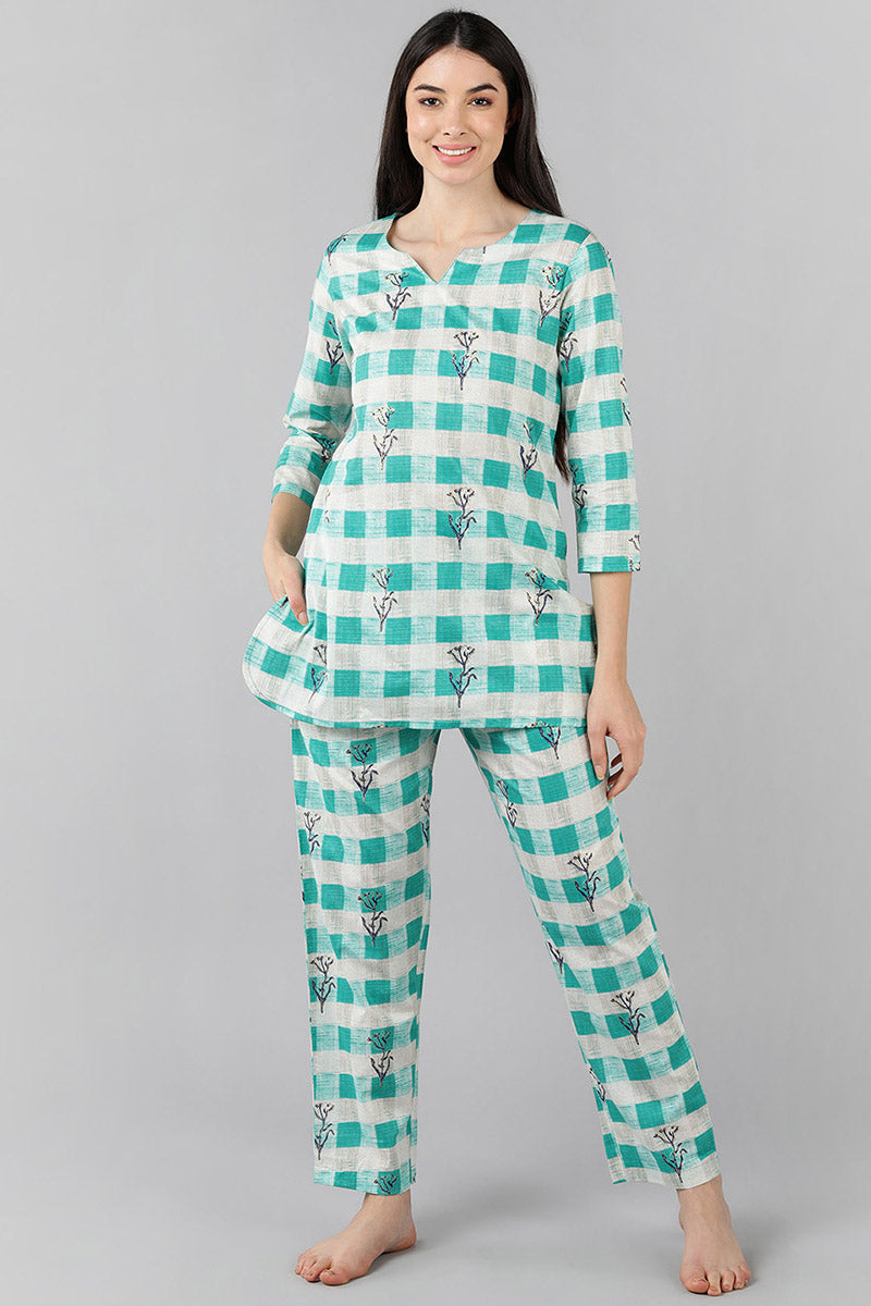 Sea Green Cotton Checked Night Suit VNWK1048 | DesiQlo