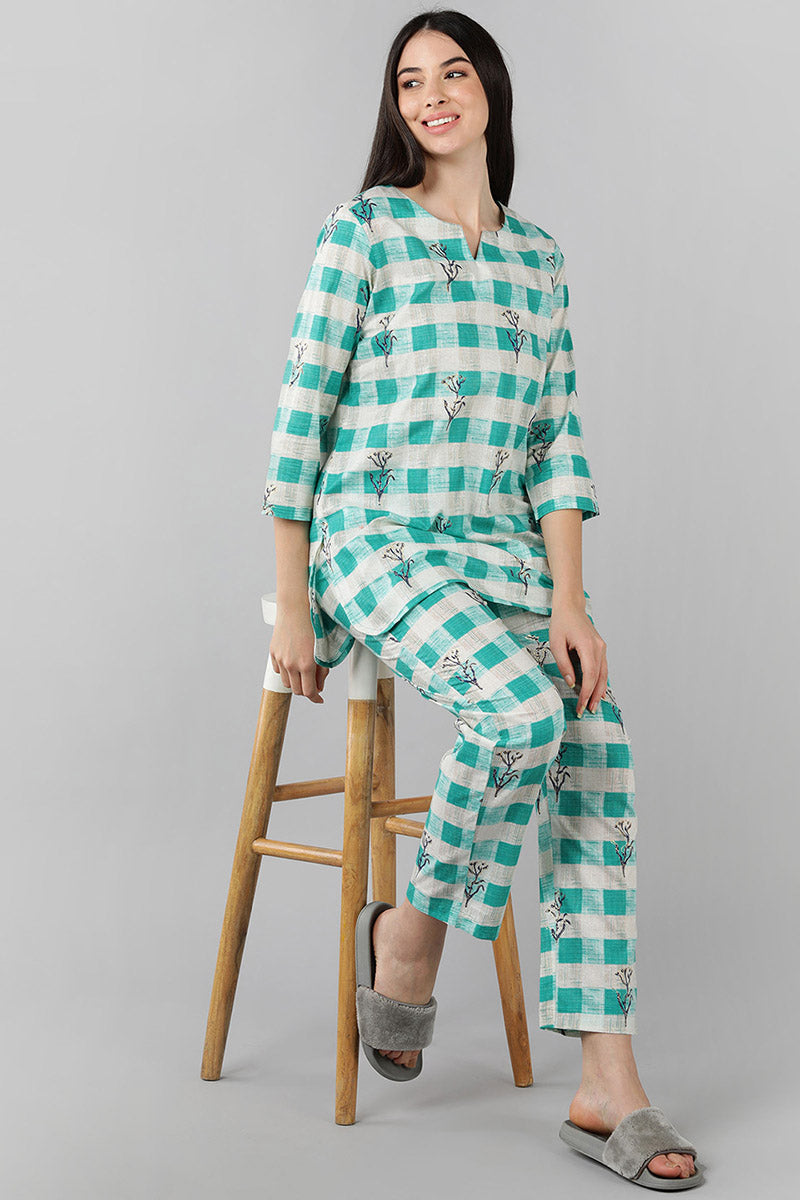 Sea Green Cotton Checked Night Suit VNWK1048 | DesiQlo
