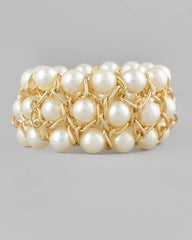 Women White and Gold Toned Perals Gold Plated Multi Strand Bracelet-VOJ082