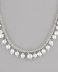 Silver Plated Pearls and AD-Studded Necklace & Earrings-VOJ092