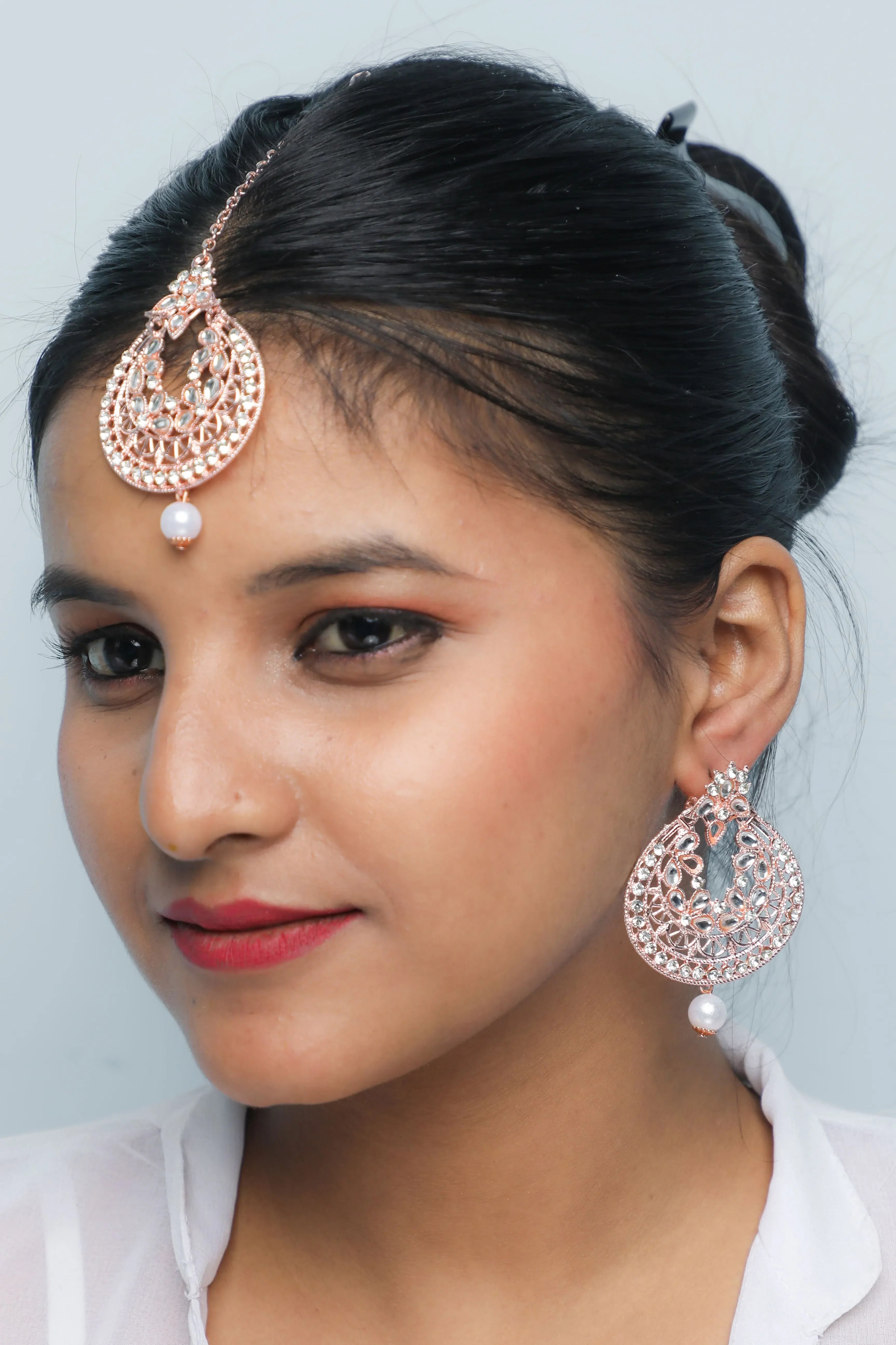 Gold Plated Pearl & Stone Earring with Tikka Set - Indian Jewelry