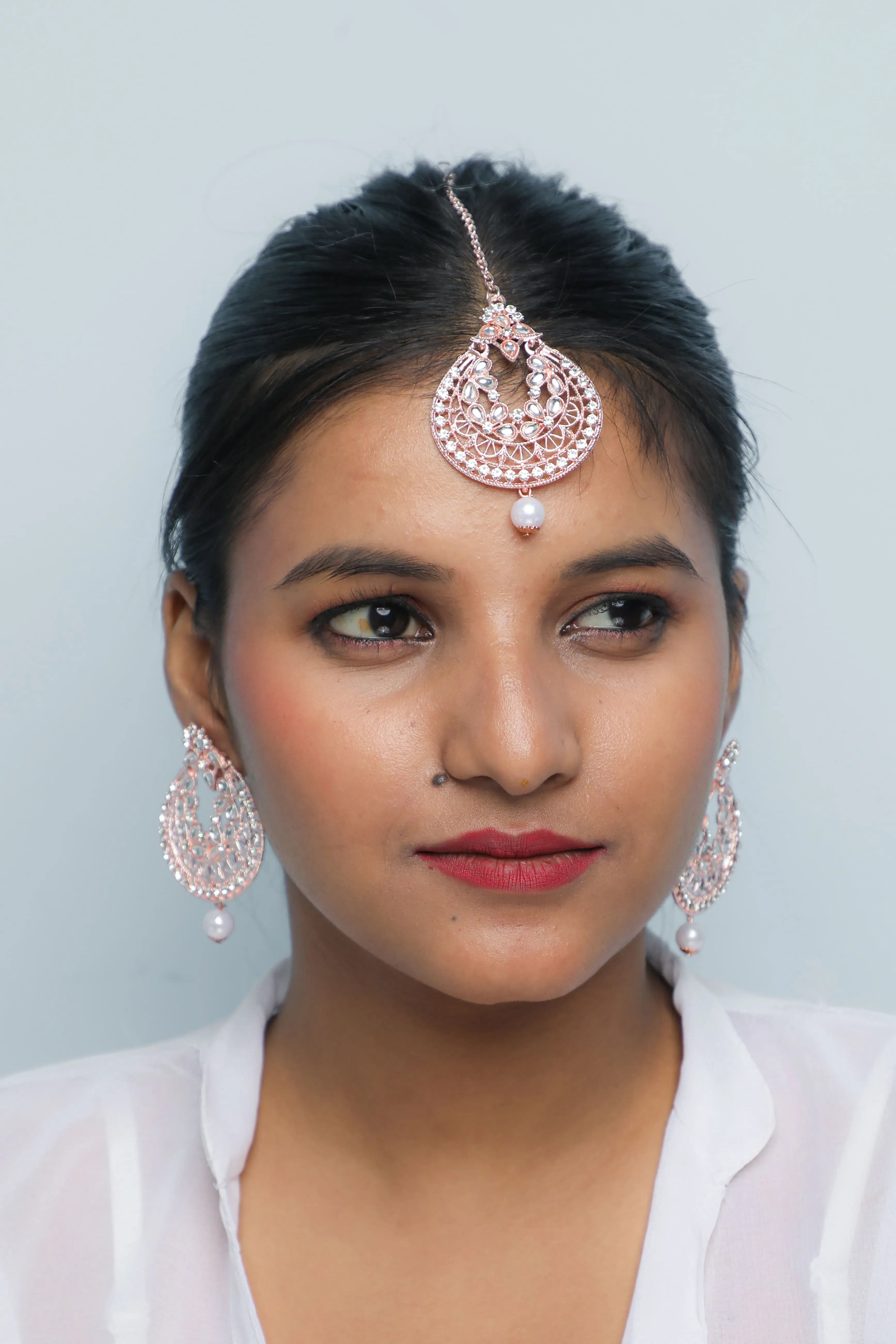 Gold Plated Pearl & Stone Earring with Tikka Set - Indian Jewelry