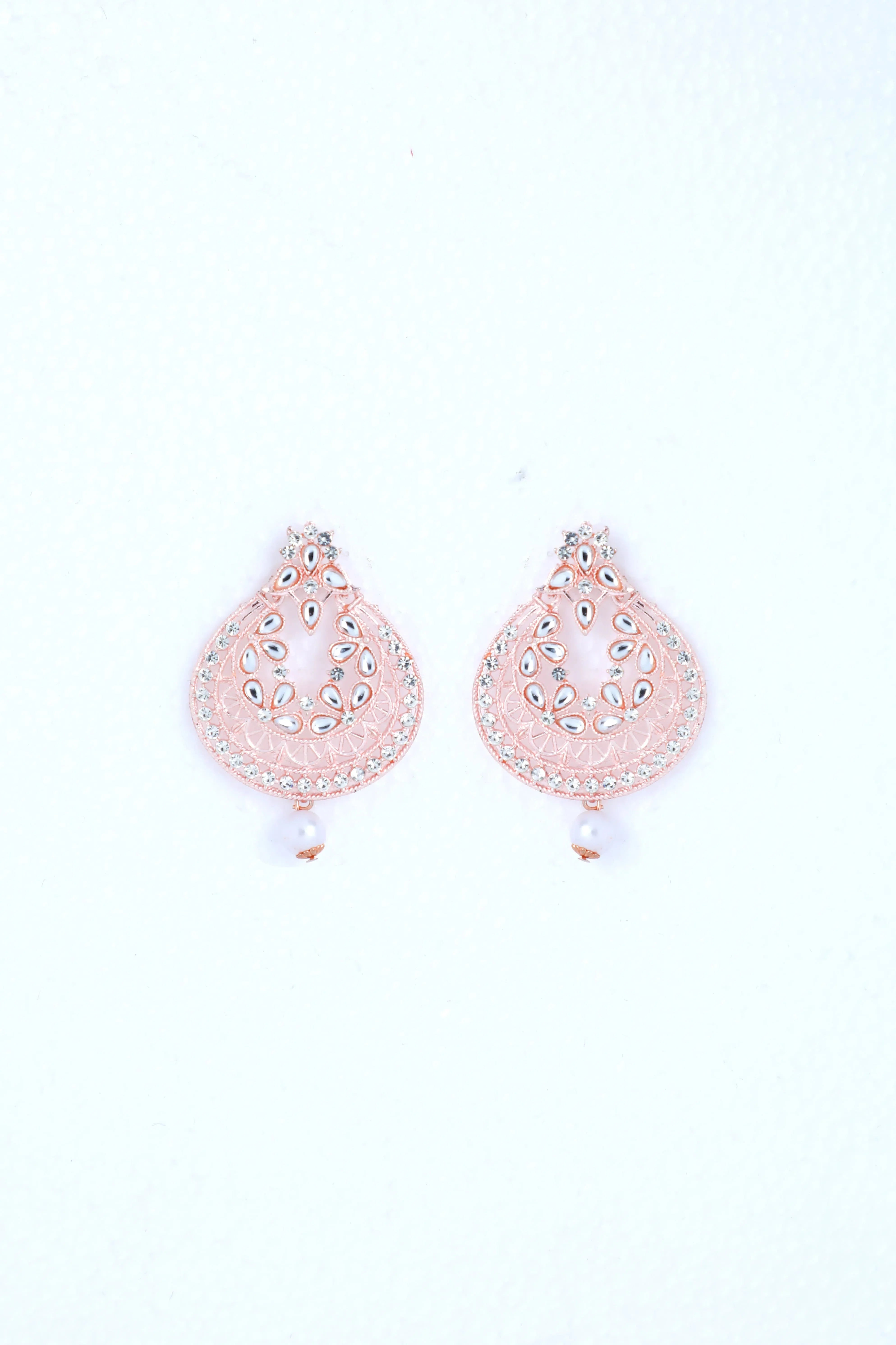 Gold Plated Pearl & Stone Earring with Tikka Set - Indian Jewelry