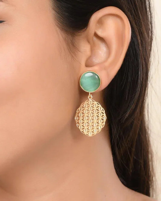 One Gram Gold Plated Teal Colored Stone Studded Earrings-VOJ261 819