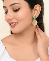 One Gram Gold Plated Teal Colored Stone Studded Earrings-VOJ261