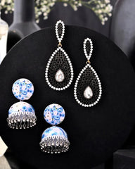 Set Of 2 Earrings- Blue Printed Jhumka With Black  AD Studded Drop  Earrings