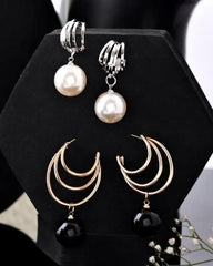 Set Of 2 Korean Drop Earrings - Gold Plated With Black Pearl and Silver Plated With White Pearl Earrings