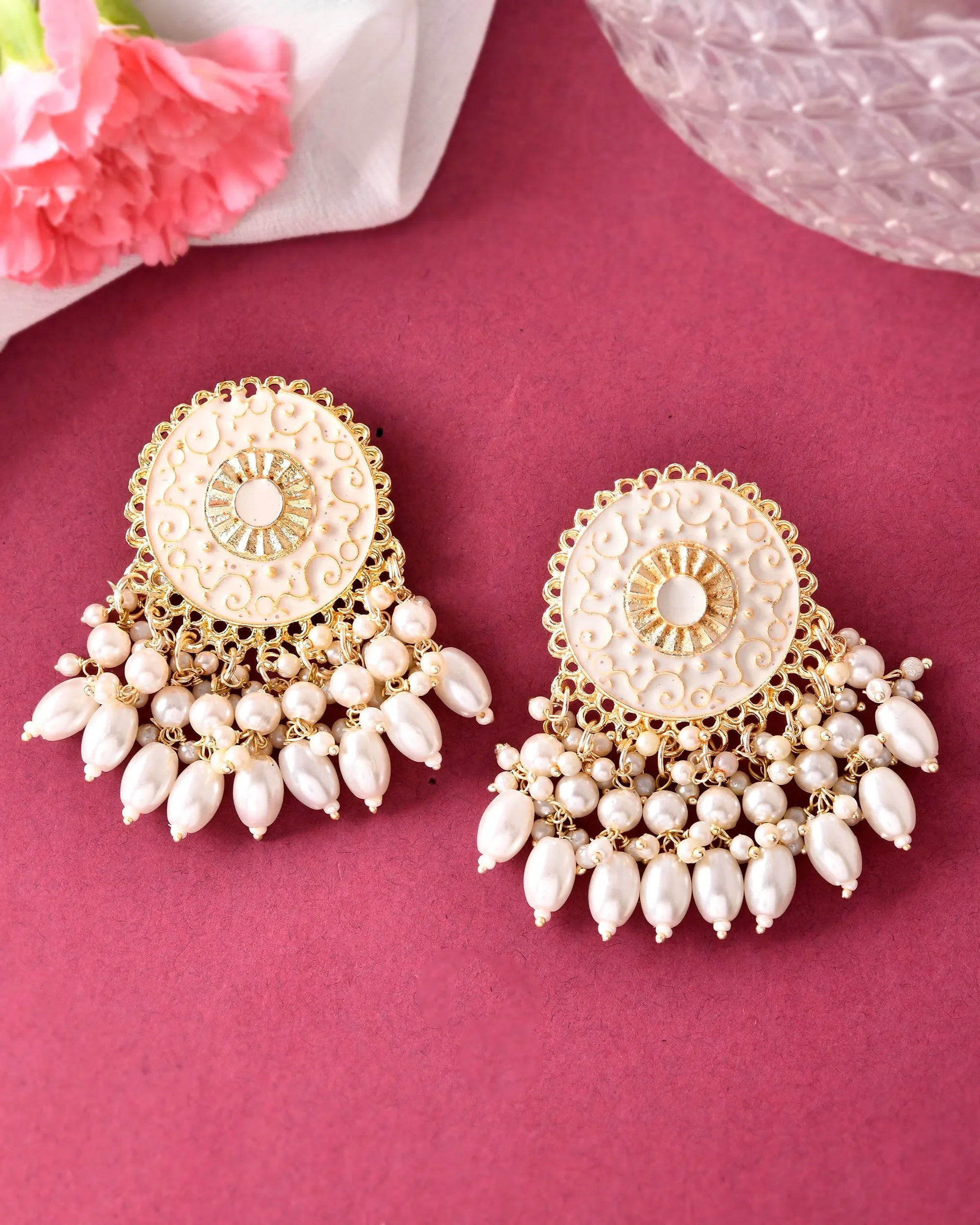 White Circular Earrings with Pearls - Indian Artificial Jewelry