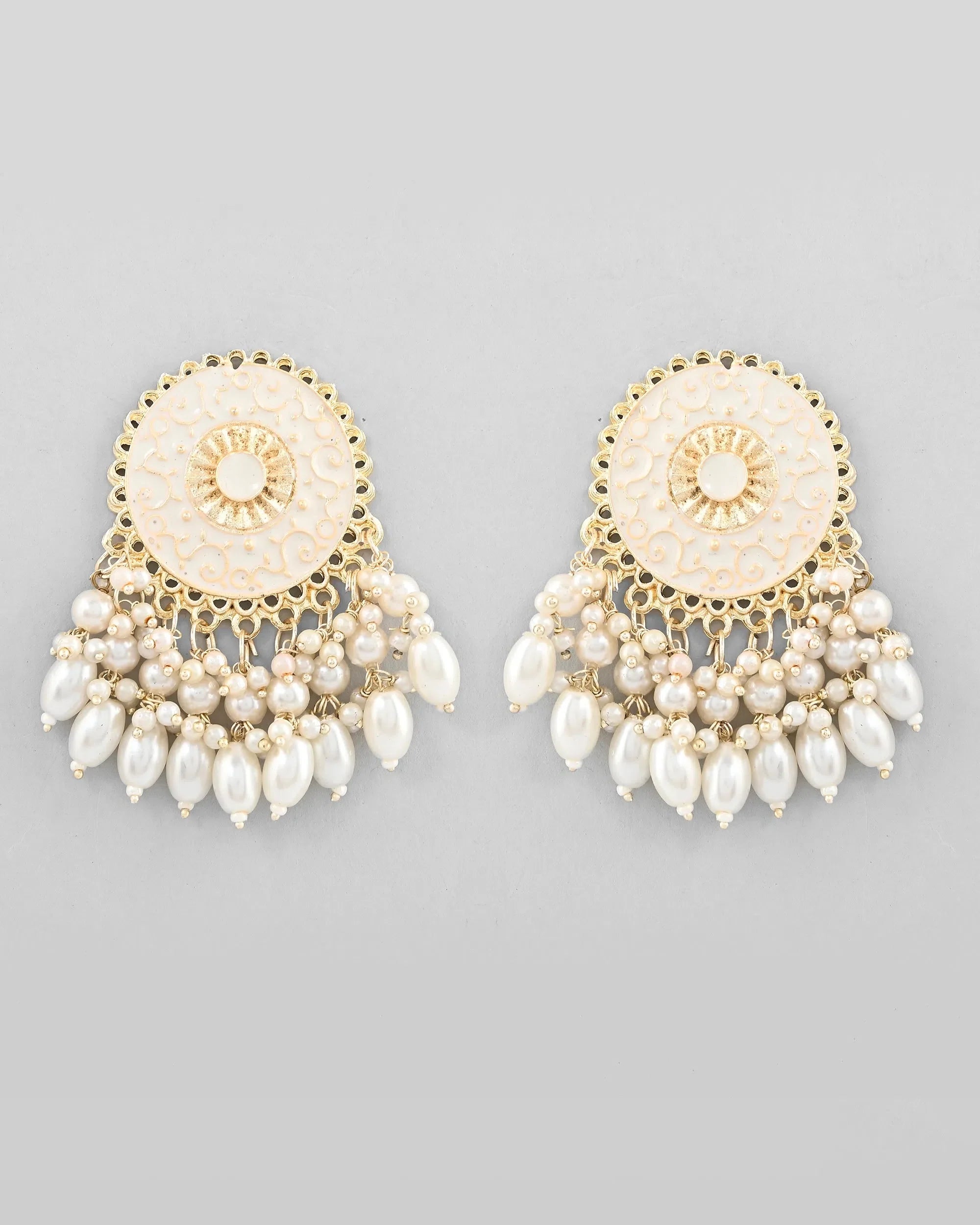 White Circular Earrings with Pearls - Indian Artificial Jewelry