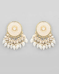Gold Plated White circular Earrings With Pearls-VOJ296