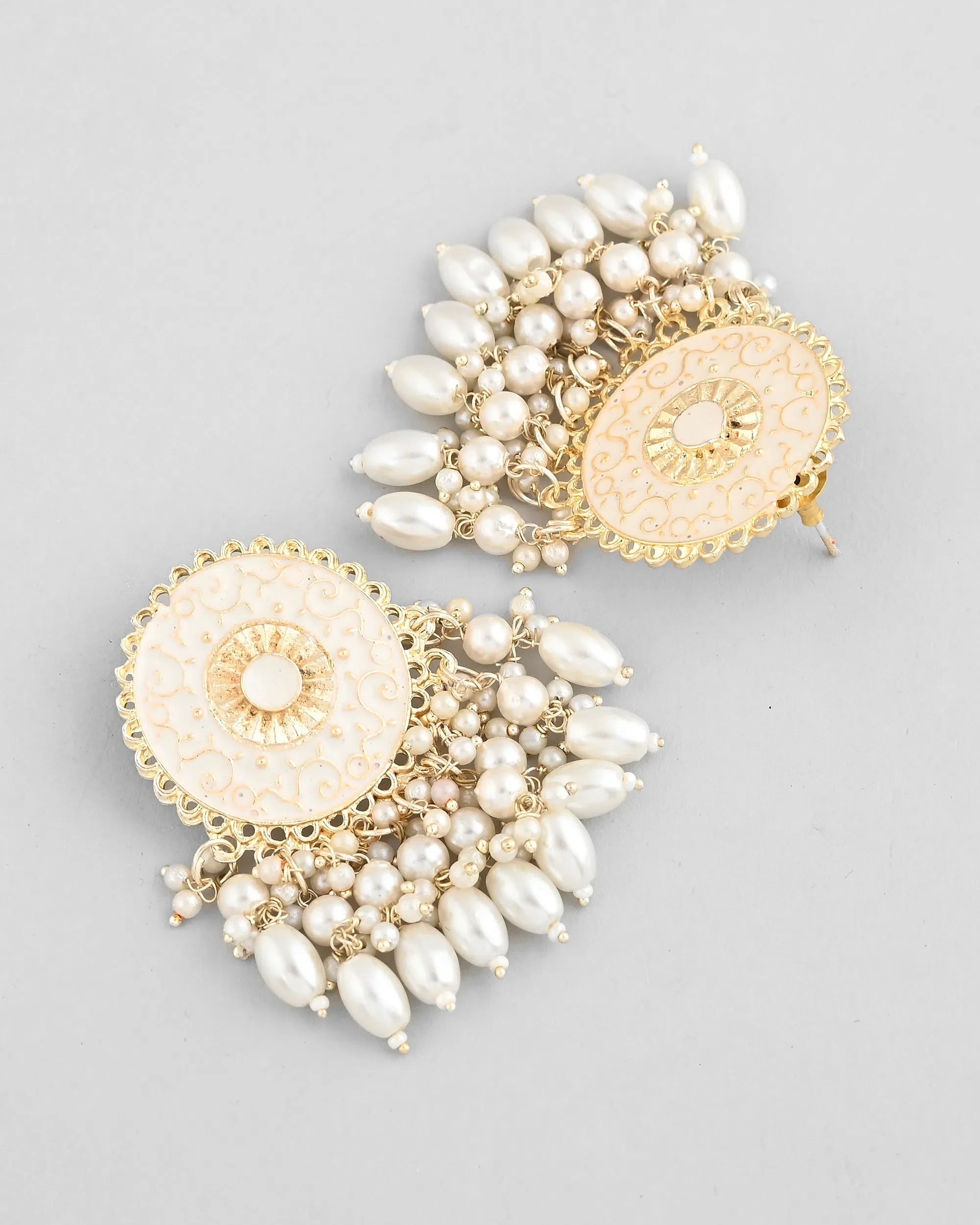 White Circular Earrings with Pearls - Indian Artificial Jewelry