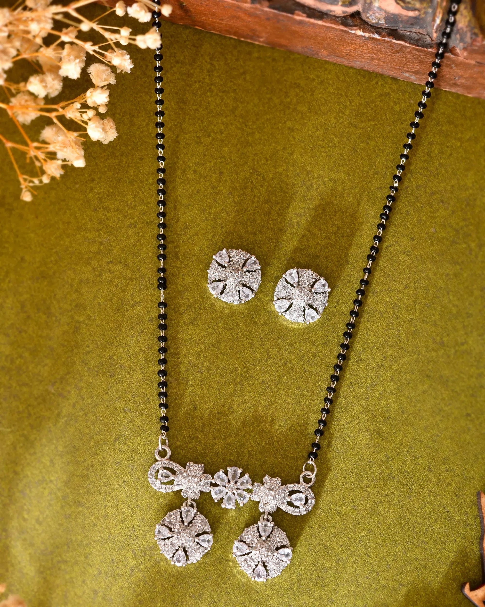 Silver-Plated Black Beaded Mangalsutra Set - Indian Jewelry