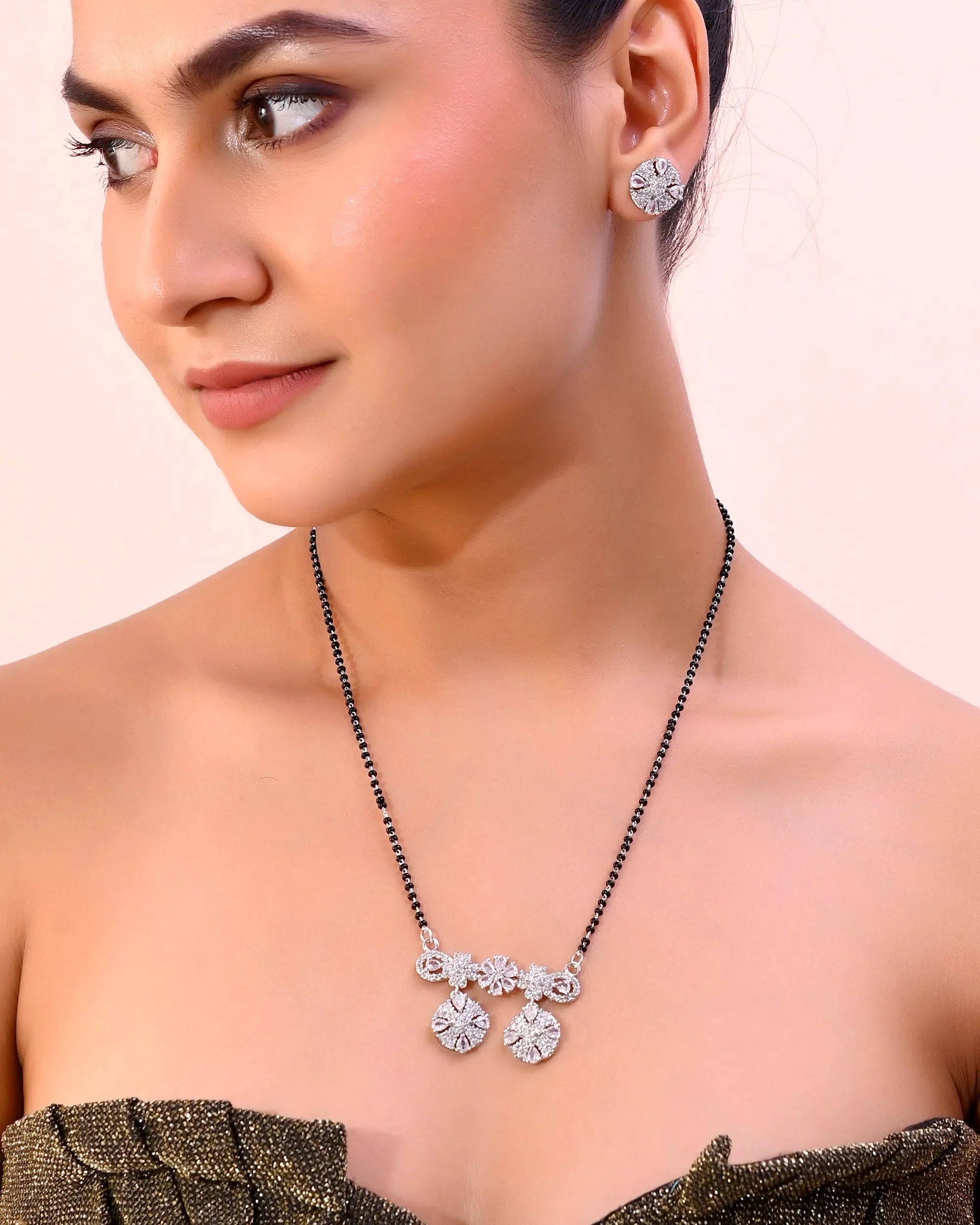 Silver-Plated Black Beaded Mangalsutra Set - Indian Jewelry
