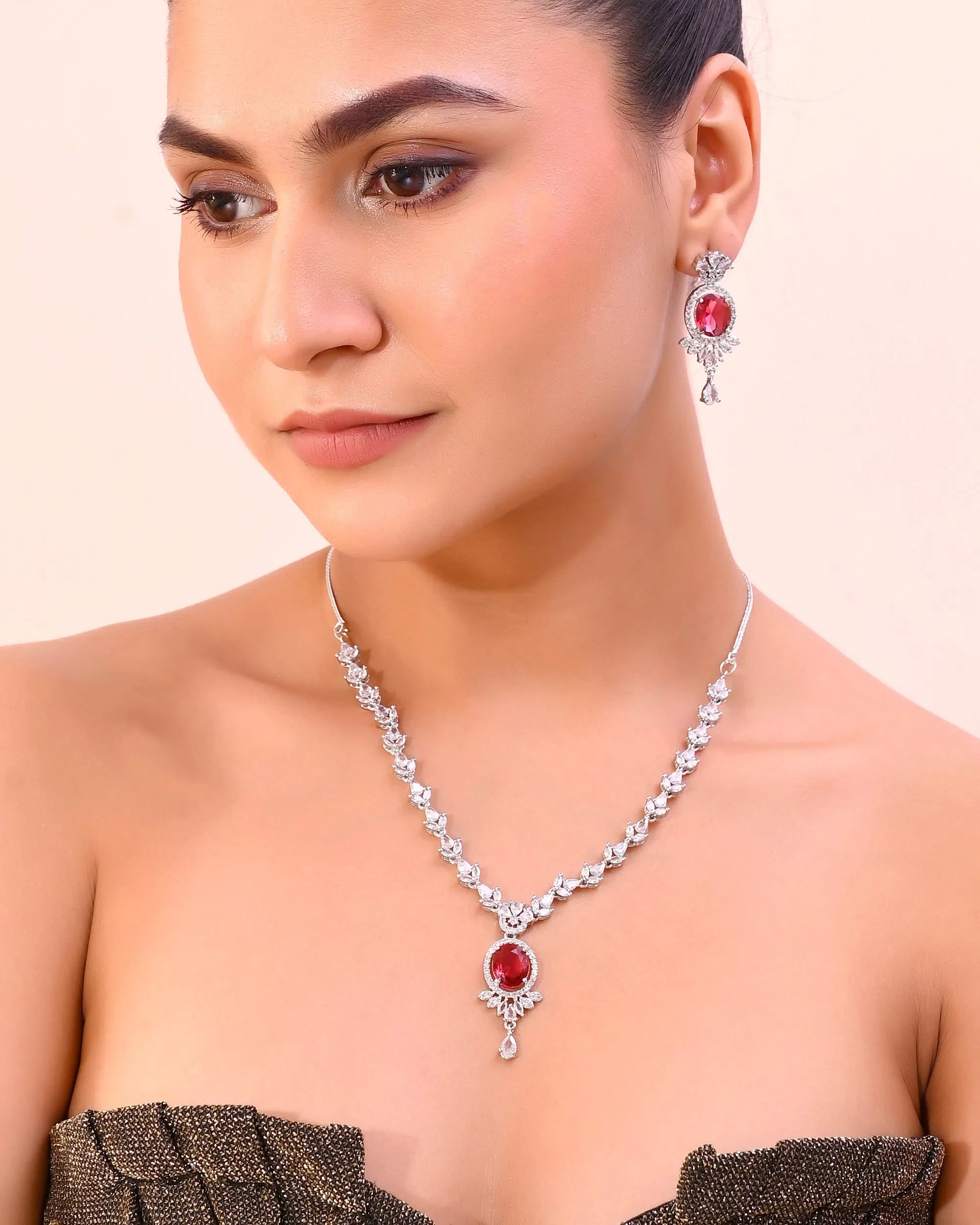 White & Maroon AD Jewelry Set | Affordable Indian Jewelry
