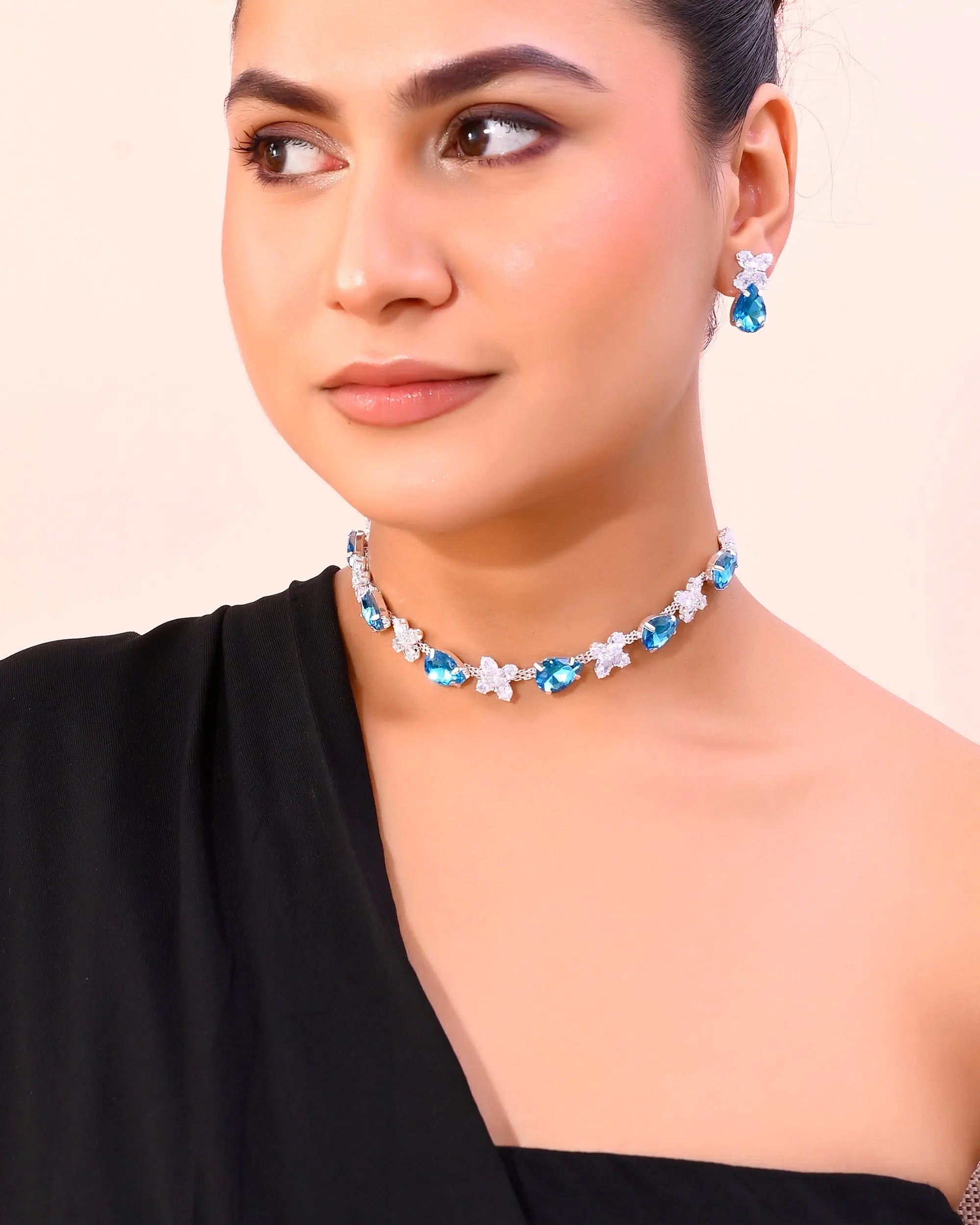 Stone Necklace and Earring Set - Silver Plated Indian Jewelry