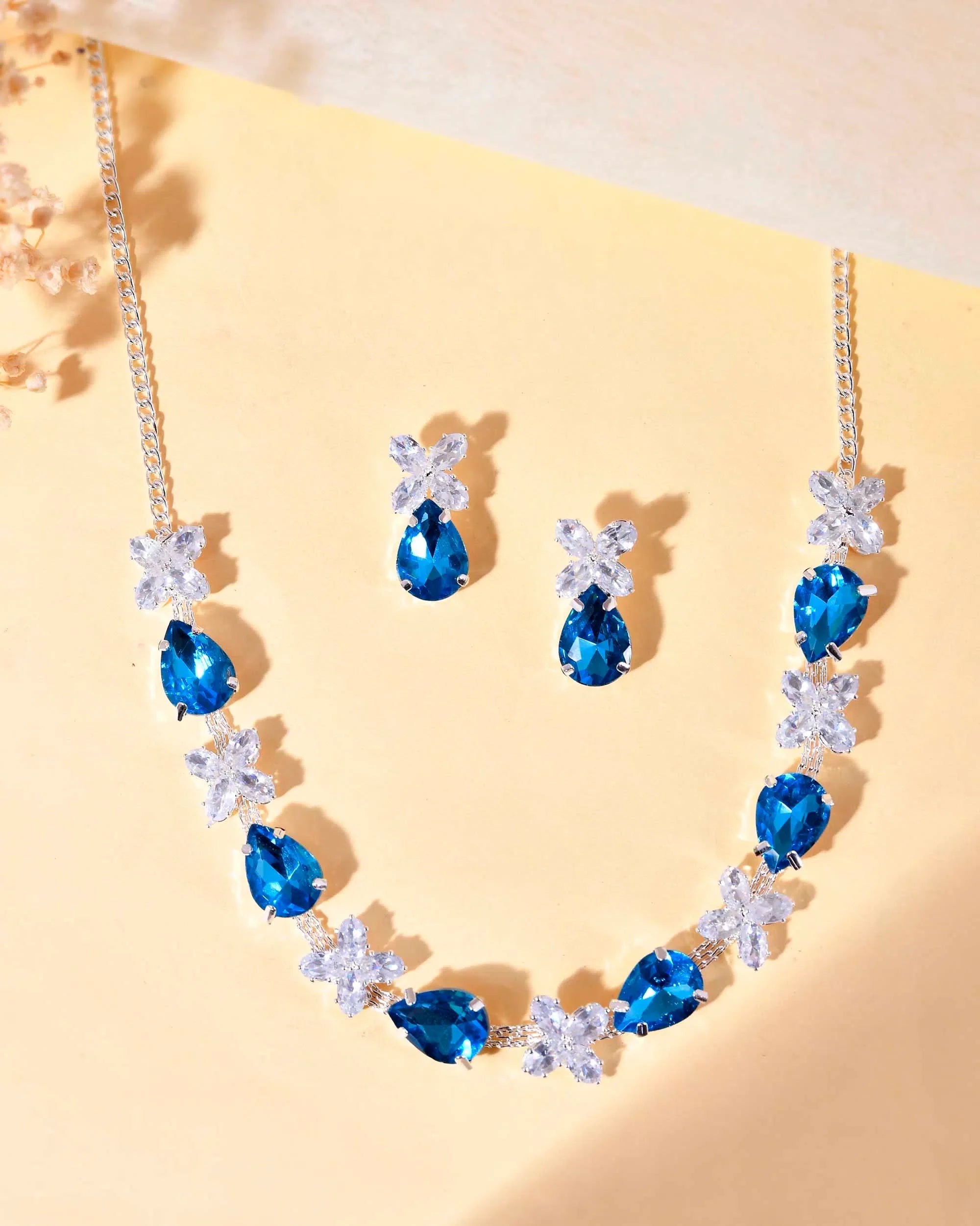 Stone Necklace and Earring Set - Silver Plated Indian Jewelry