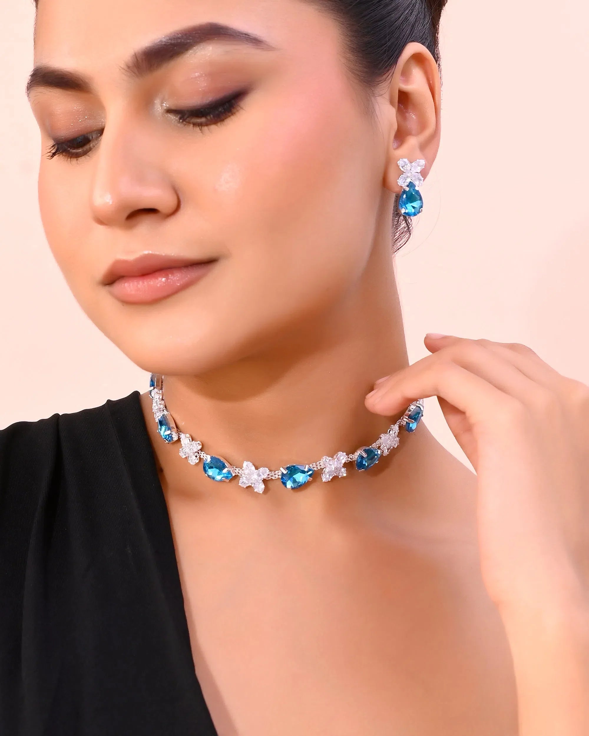Stone Necklace and Earring Set - Silver Plated Indian Jewelry