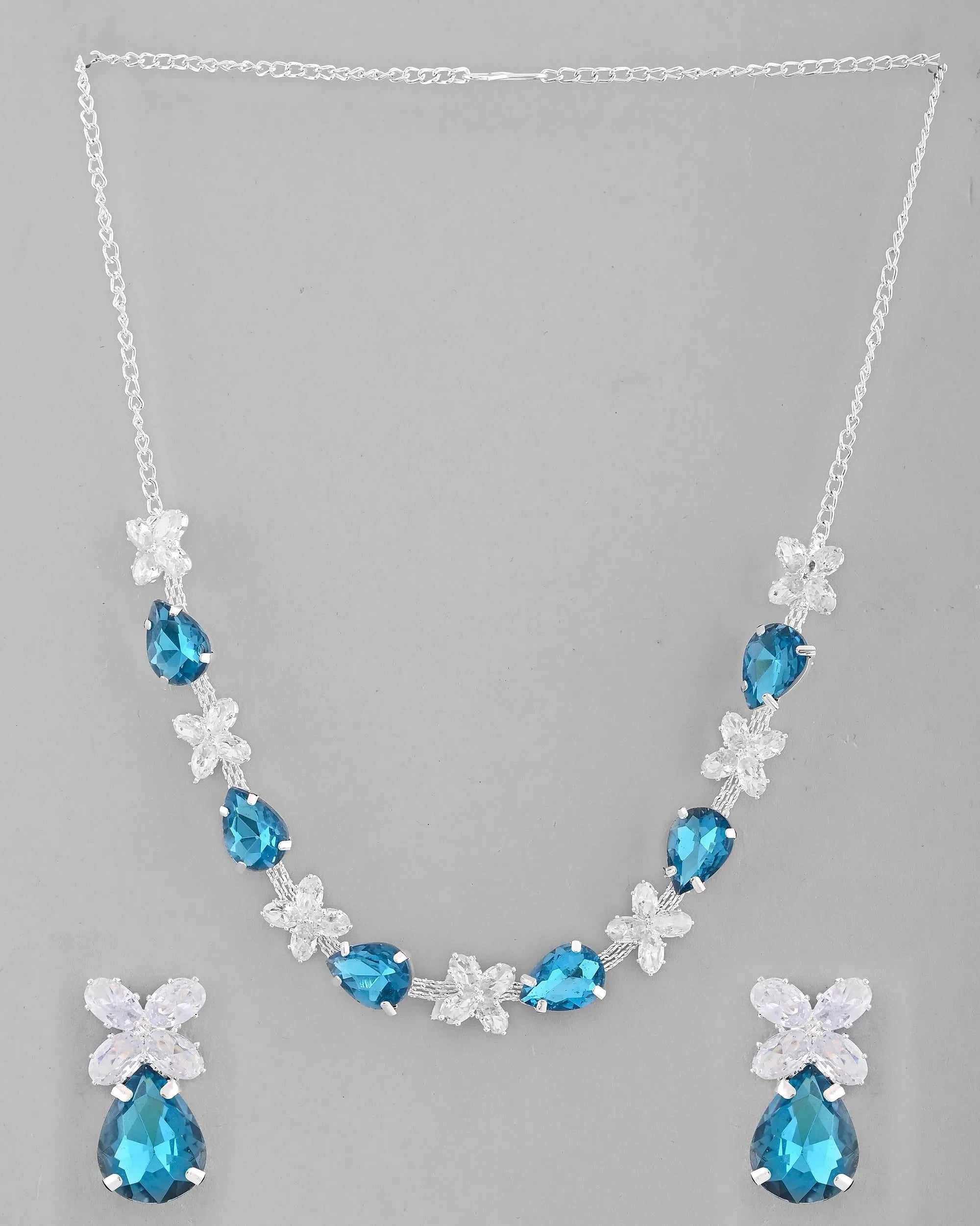 Stone Necklace and Earring Set - Silver Plated Indian Jewelry