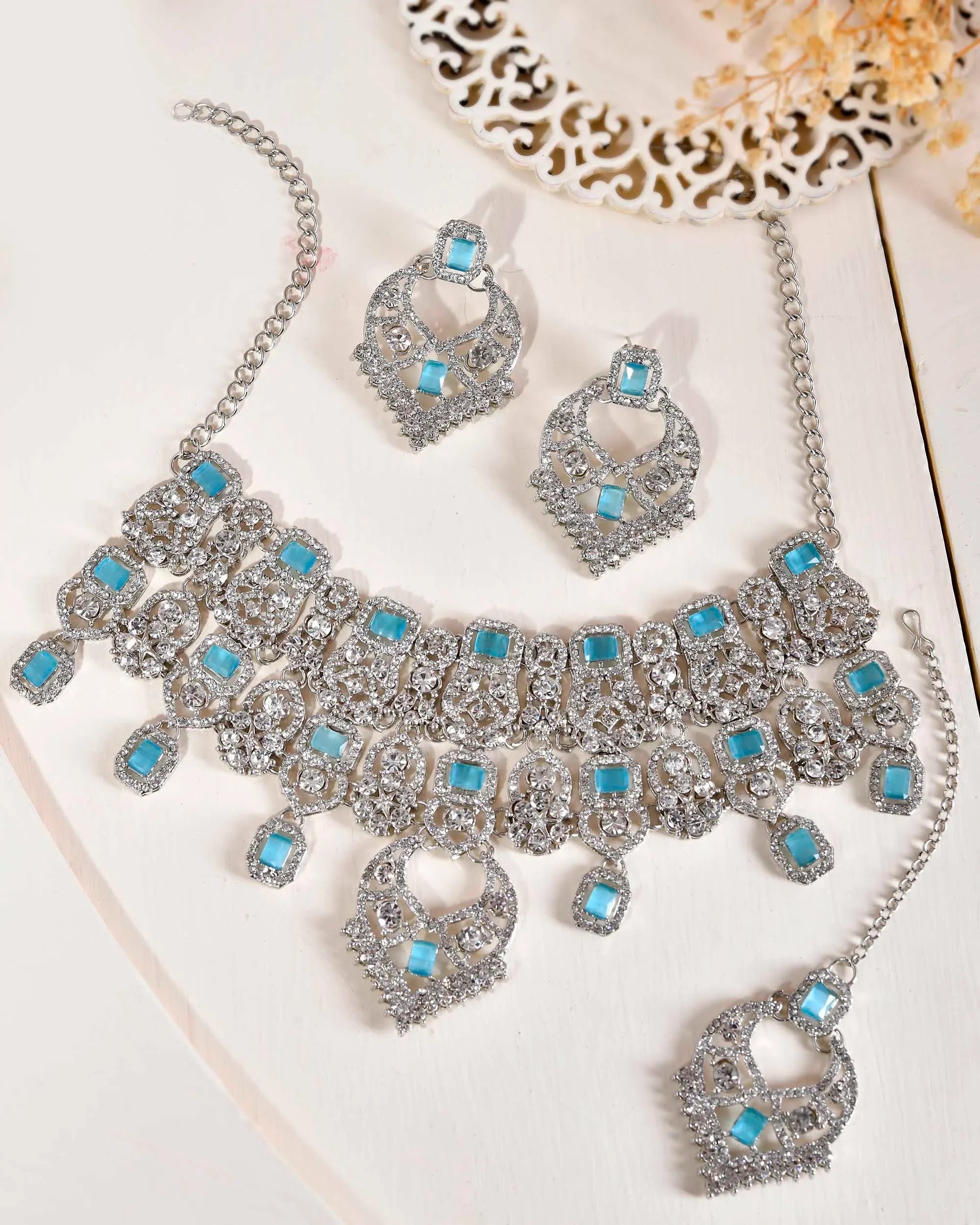 AD Necklace Set: Silver Plated Indian Artificial Jewelry