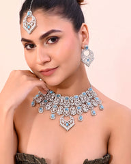 Silver Plated Designer AD Studded Necklace With Earrings And Mangtikka-VOJ324