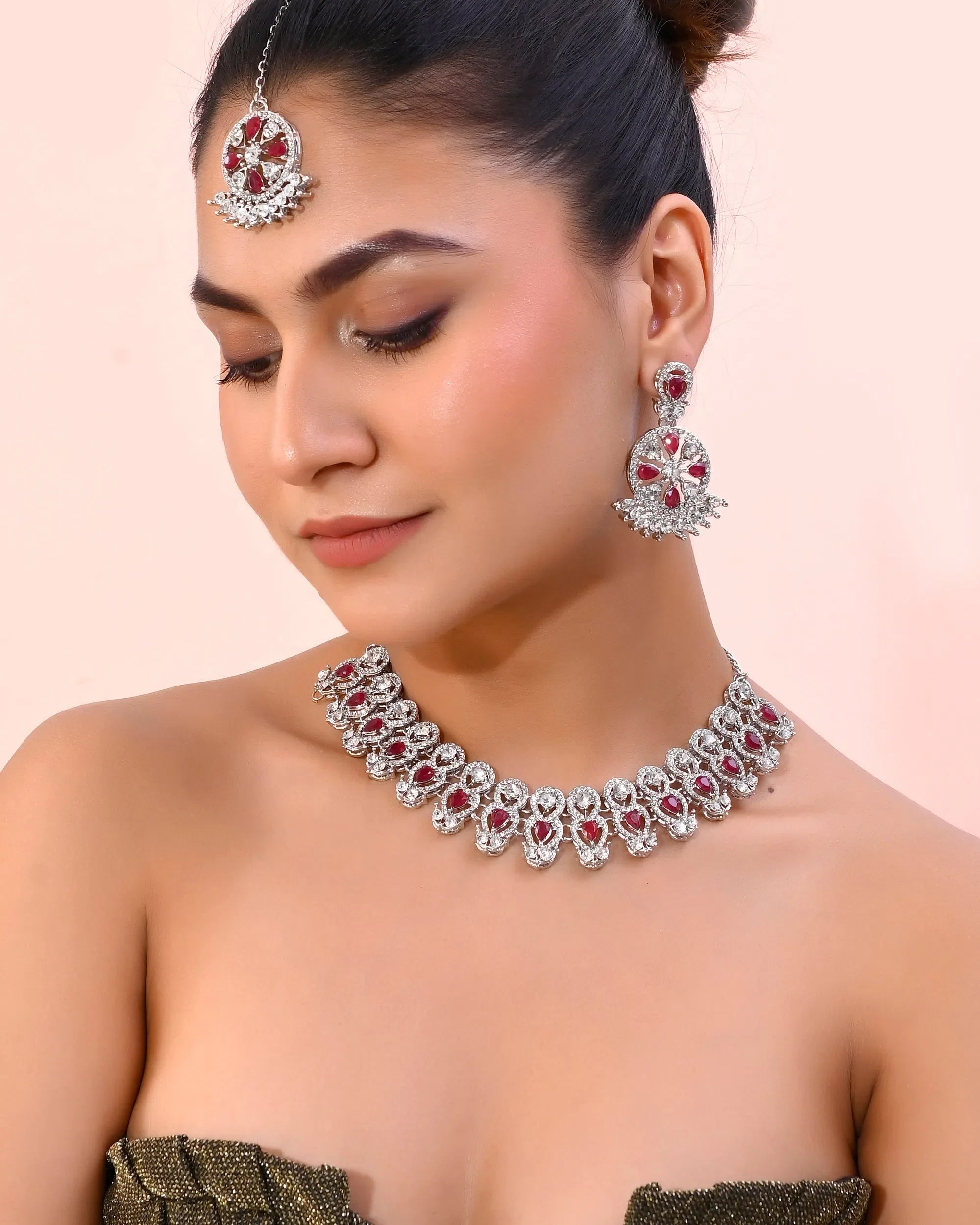 Pink AD Stone Jewellery Set with Mangtikka - Indian Jewelry
