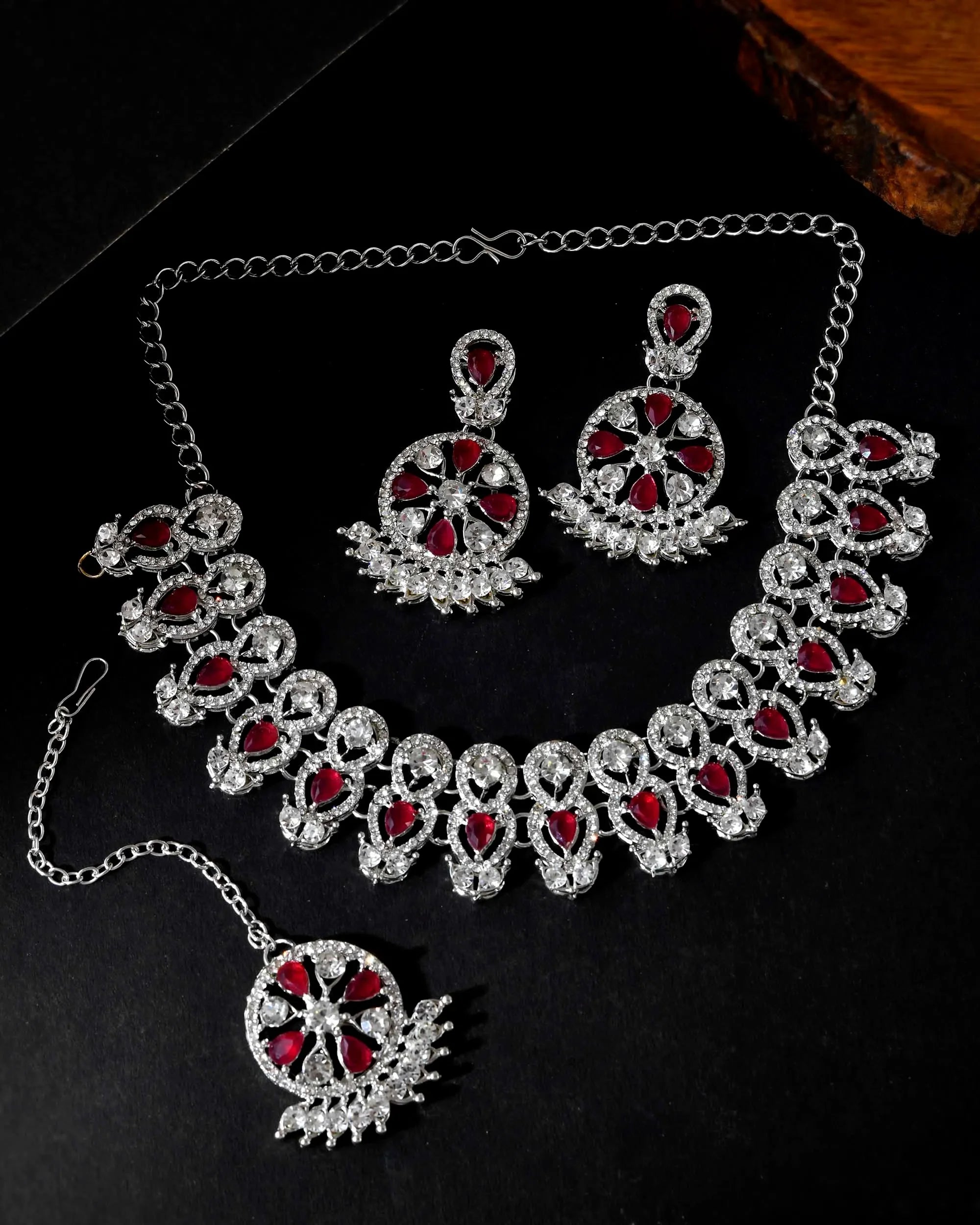 Pink AD Stone Jewellery Set with Mangtikka - Indian Jewelry