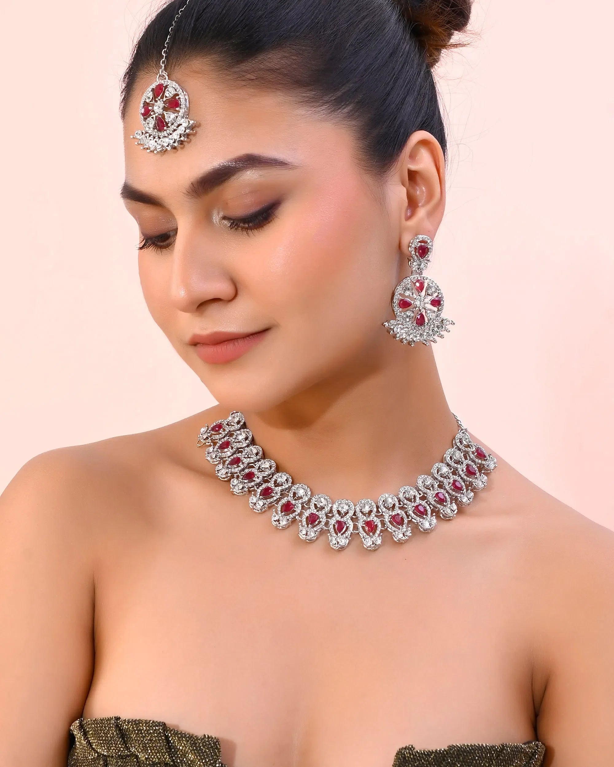 Pink AD Stone Jewellery Set with Mangtikka - Indian Jewelry