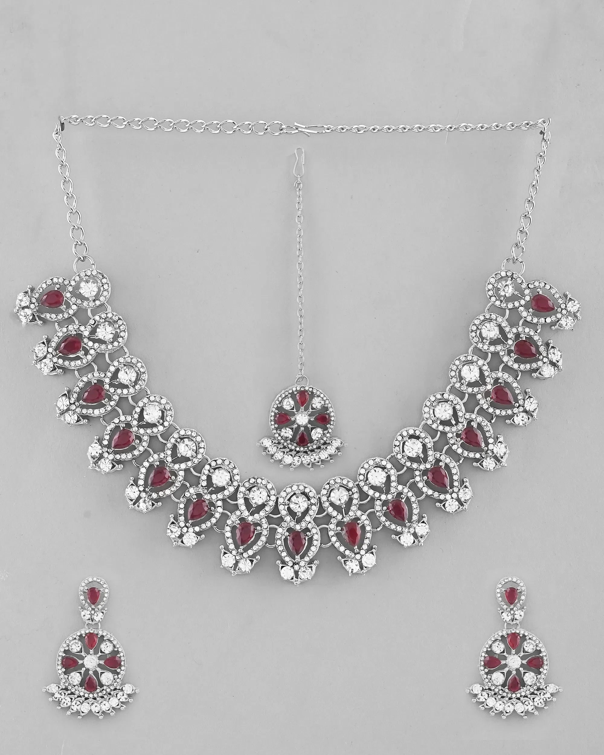 Pink AD Stone Jewellery Set with Mangtikka - Indian Jewelry