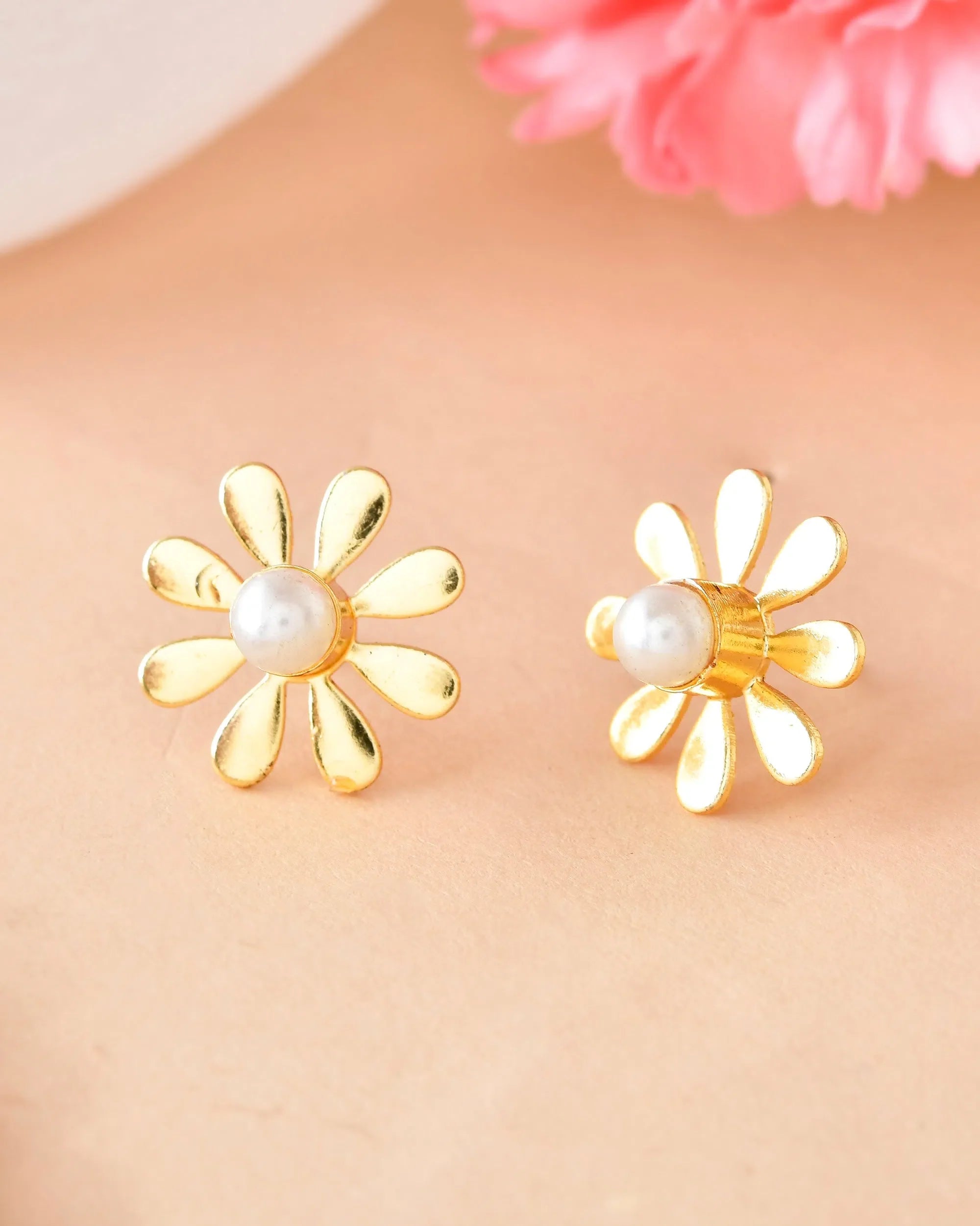 Pearl Stud Earrings: Gold Flower | Trendy Artificial Jewelry