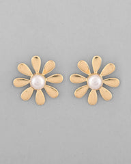 Gold Plated Flower Shaped Pearl Stud Earrings-VOJ331