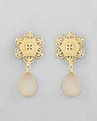 Gold Plated Flower Shaped Stone Studded Drop Earrings-VOJ334