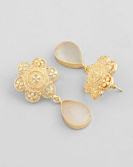 Gold Plated Flower Shaped Stone Studded Drop Earrings-VOJ334
