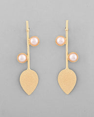 Gold Plated Leaf Shaped with Pearl Studded Earrings-VOJ337