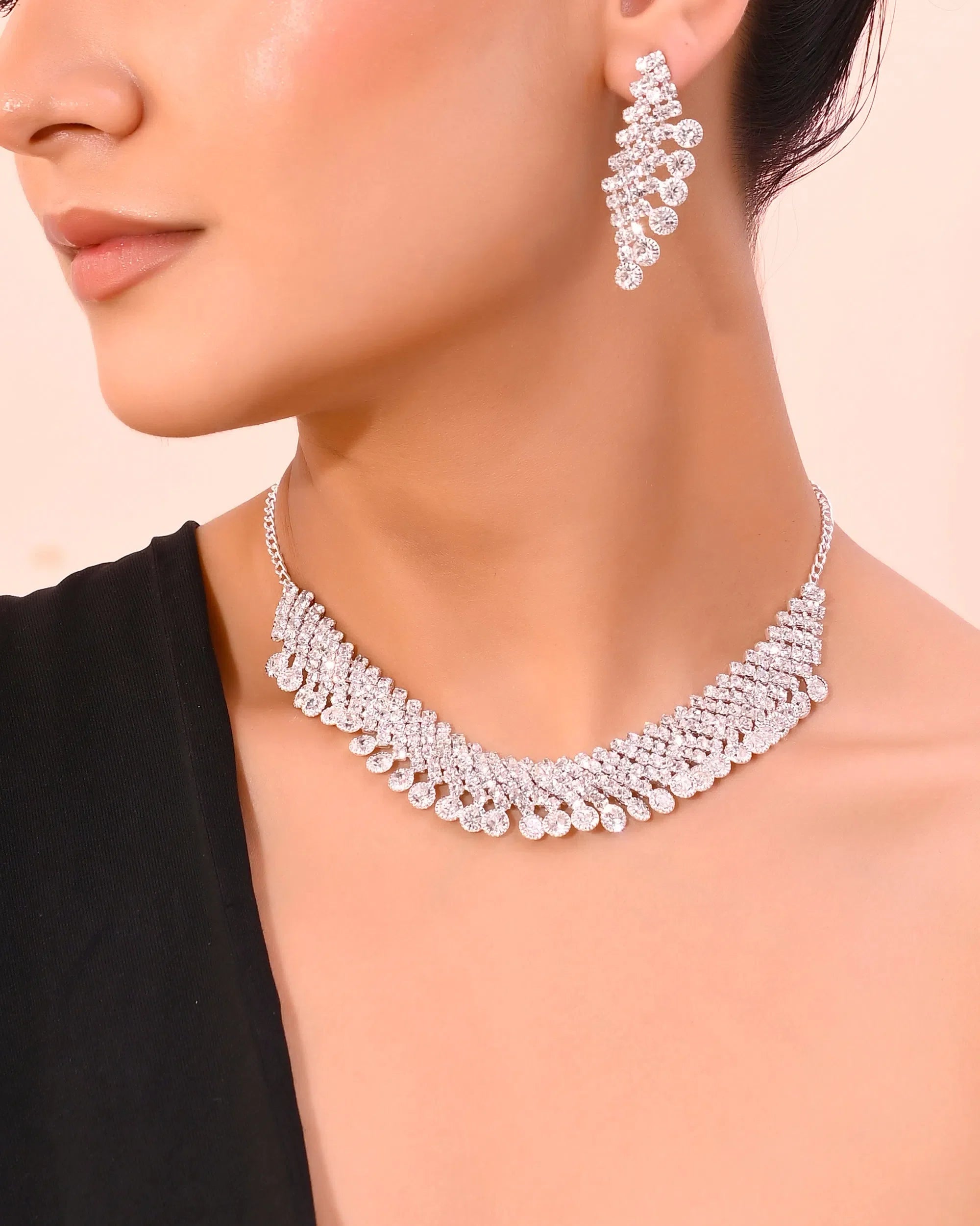 Silver Necklace & Earrings Set: AD Stone Indian Wedding Jewelry