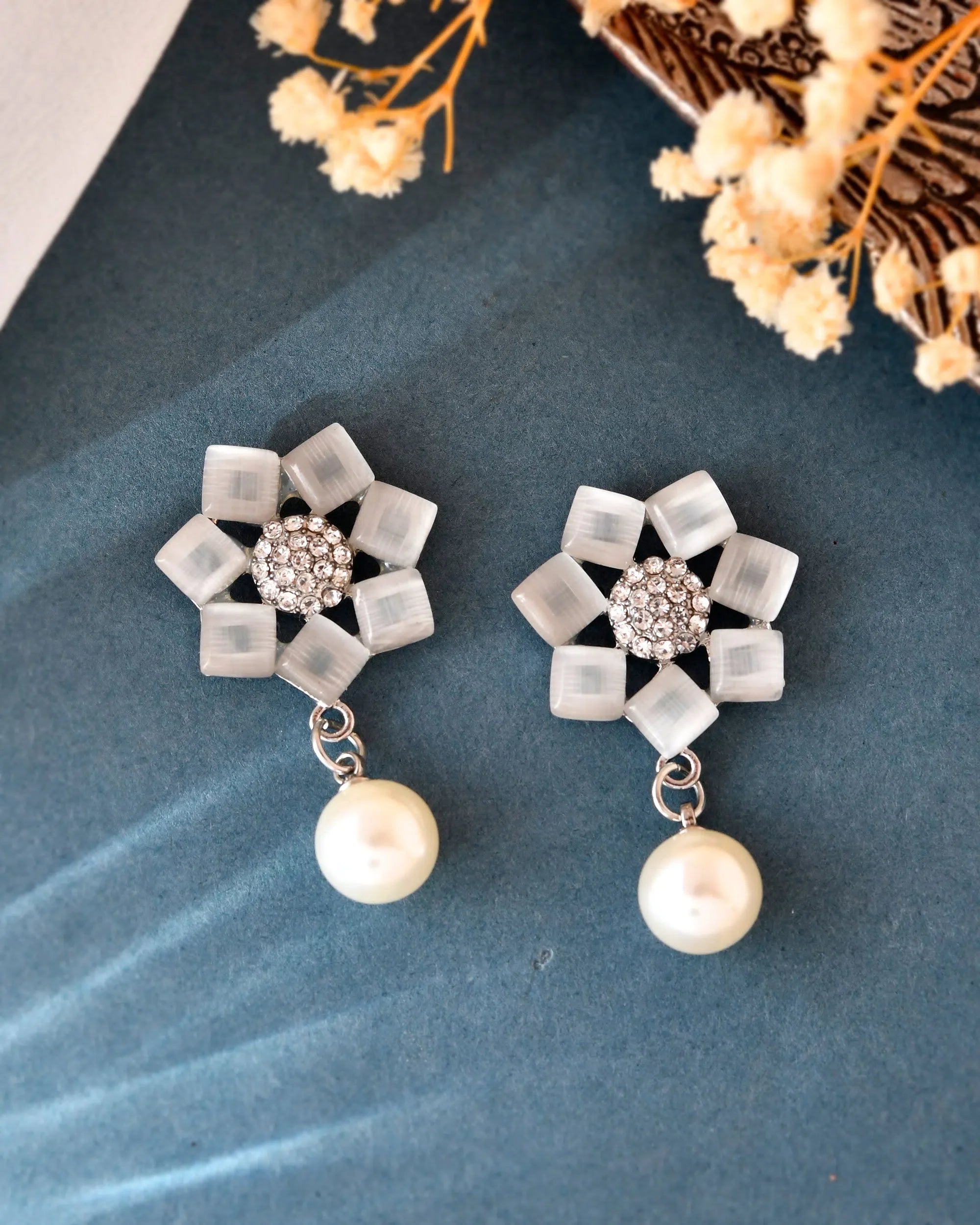 Floral Stone Studded Earrings | Silver Plated Trendy Jewelry
